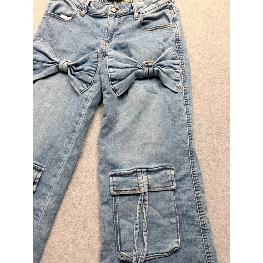 Love Friends Light Wash Bow Cargo Jeans Women Wide Leg Coquette Streetwear Denim - Picture 2 of 11